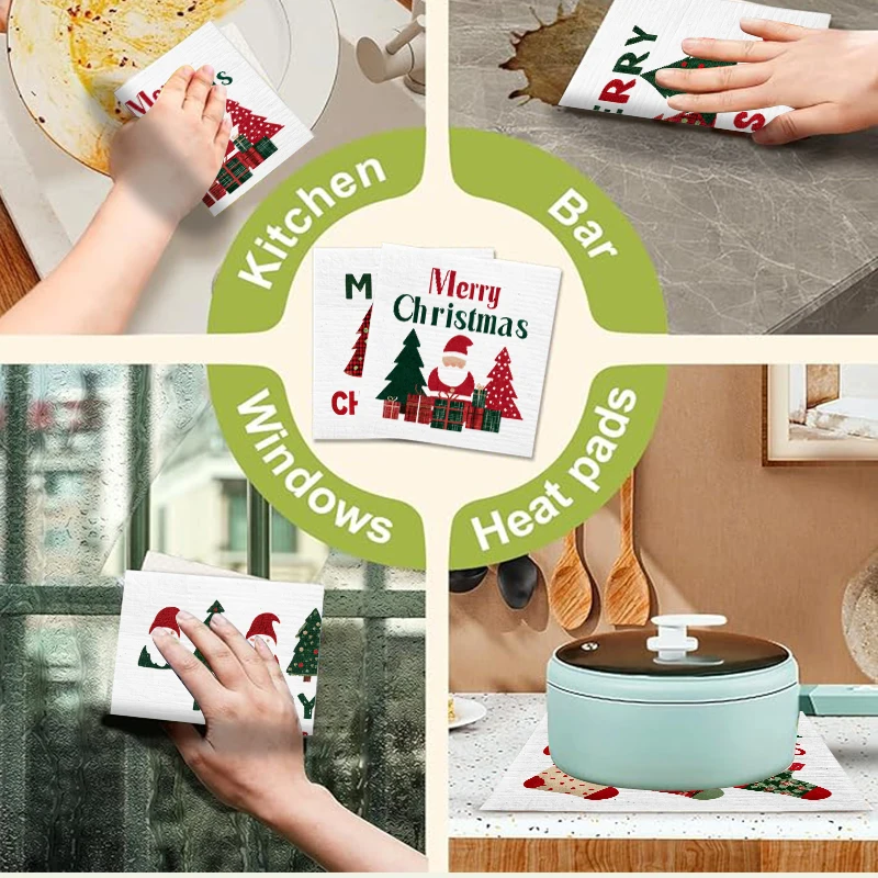 6 قطعة شجرة عيد الميلاد أطباق المطبخ غسل تنظيف طبق القماش قابلة لإعادة الاستخدام غسل سوبر ماصة الخرق المنزل مسح منشفة الملابس