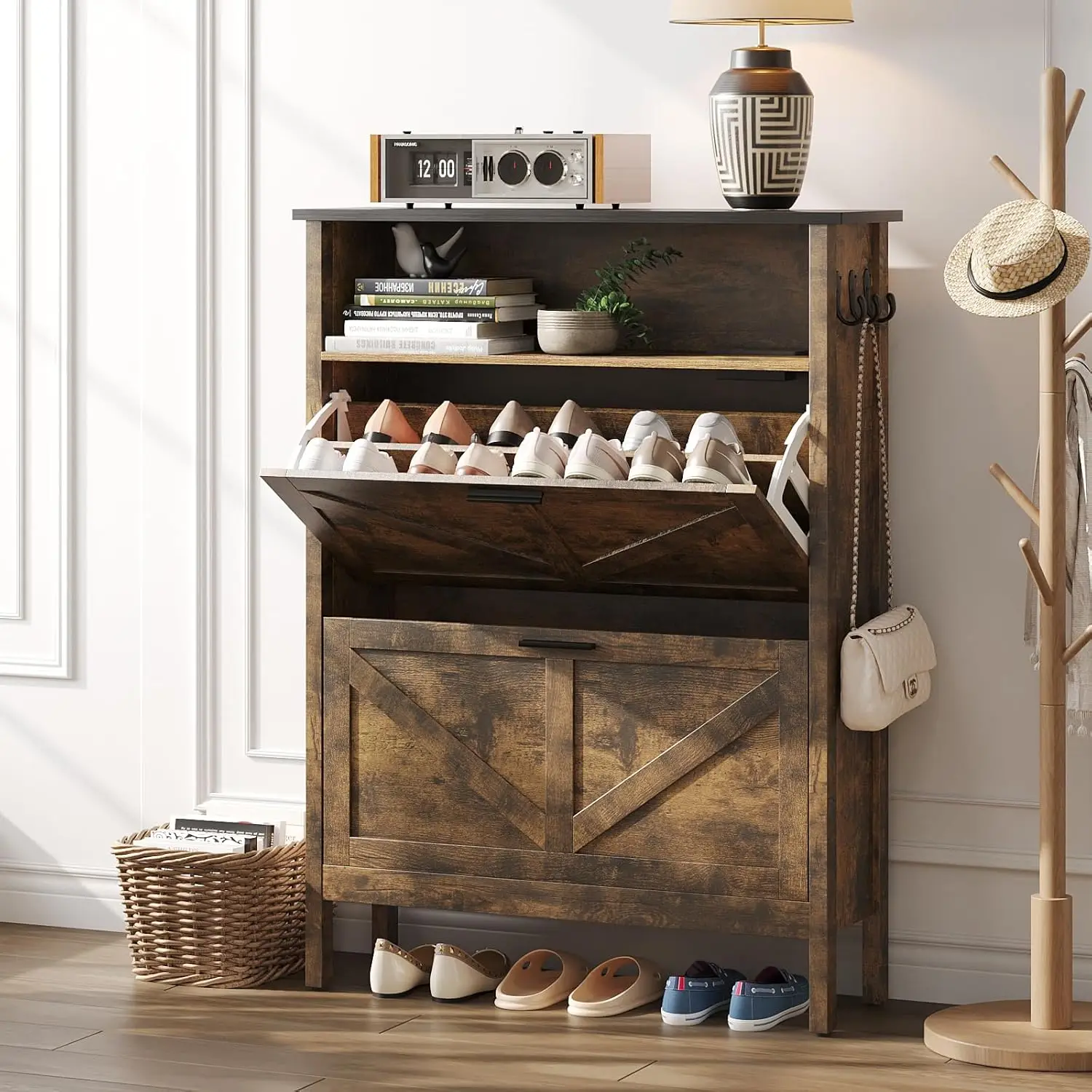 

Шкаф для обуви с 2 откидными ящиками, функцией автоматической дезодорации, отдельный шкаф для обуви, коричневый цвет.