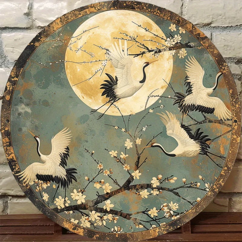 8-Inch Japanese Crane and Cherry Blossom Aluminum Wall Art - High-Quality Rust-Resistant Vintage Zen Design, Moonlit Night Sky T