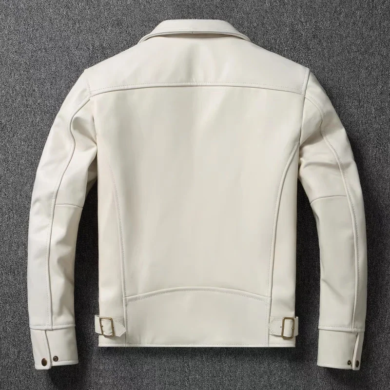 Men's Genuine Leather Jacket White Lapel Calfskin Jacket Natural Cowhide Men's Coat Slim Fit Top Layer Cowhide Biker Jacket