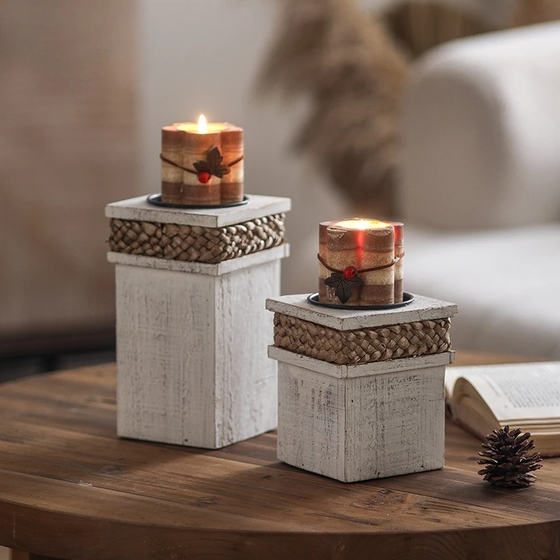 

European retro solid wood desktop candle holder party atmosphere decorative candle holder aromatherapy tray restaurant old