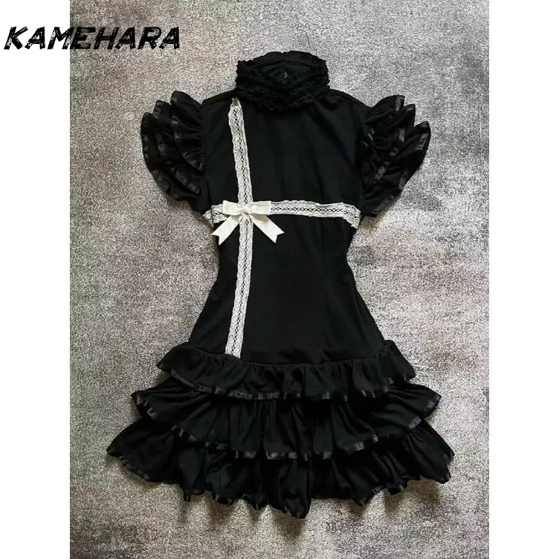 KAMEHARA اليابانية E-girl القوطية خمر نصف عالية الرقبة قصيرة الأكمام القوس فستان الدانتيل مقطعة الخصر حار فتاة فستان أسود صغير