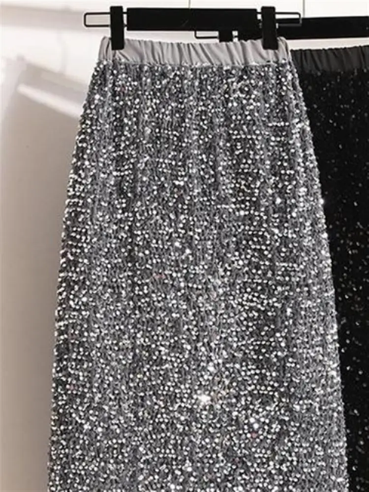 iny Sequin High Waist Midi Skirt Women's Spring 2024 New Sle Sparkling Glitter A-Line Skirt Commute Friendly