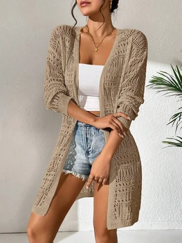 Women White Crochet Cardigan Long Sleeve Openwork Knit Sweater Summer Beach Cover Up Boho Hollow Out Kimono Duster Coat 5