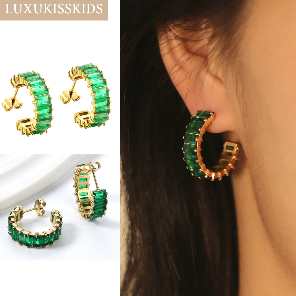 LUXUKISSKIDS Trendy C Tennis Hoop Earrings Shiny Colourful Zirconia Luxury Stainless aretes Women Summer Clips French Jewelry image 5