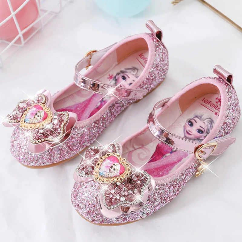 Chaussures en cristal de princesse Elsa pour filles, chaussures plates simples pour enfants, chaussures de dessin animé Disney pour enfants, semelle souple, mode mignonne pour bébé