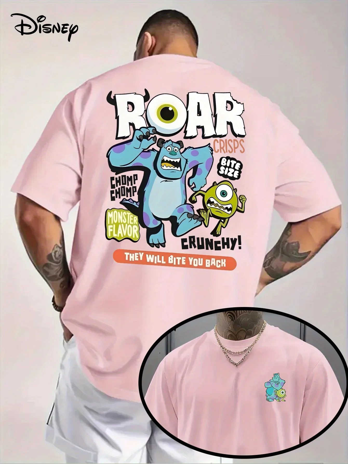 تي شيرت رجالي بنمط شركة Disney Monster Power للترفيه اليومي والأنشطة المخصصة للجنسين من القطن بأكمام قصيرة كبيرة الحجم #3