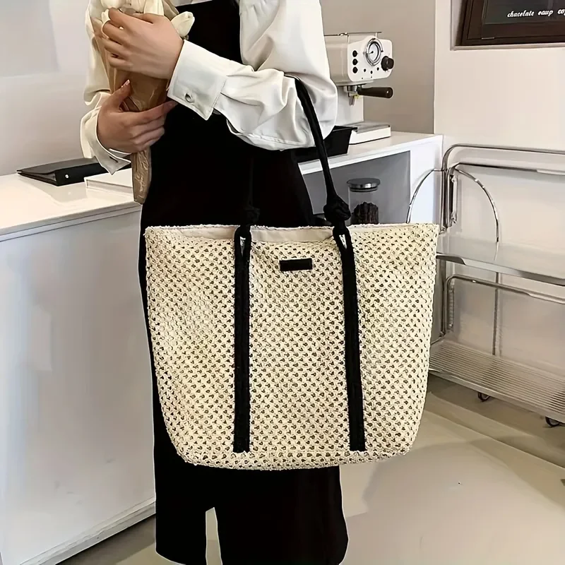 Bolso tote de paja hueca tejida para mujer, bolso de hombro tejido a mano de gran capacidad, ideal para vacaciones en la playa y uso diario