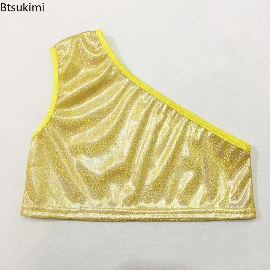 Kids Girls Dance Tops Metallic Shiny Ballet Gymnastics Crop Tank Tops Single Slant Shoulder Glitter Stage Performance Costume