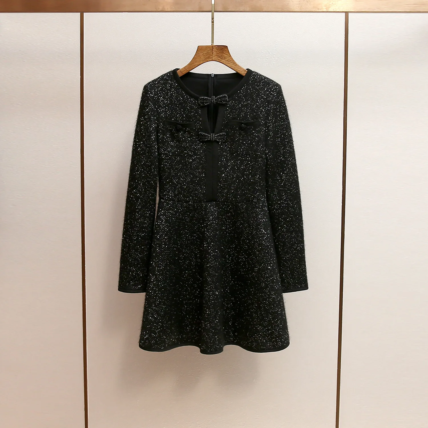 

MaSandeSP Autumn Winter New Sle Hepburn Hollow out Knot Sequin Slimming Lace Trim High Waist Knitted Dr