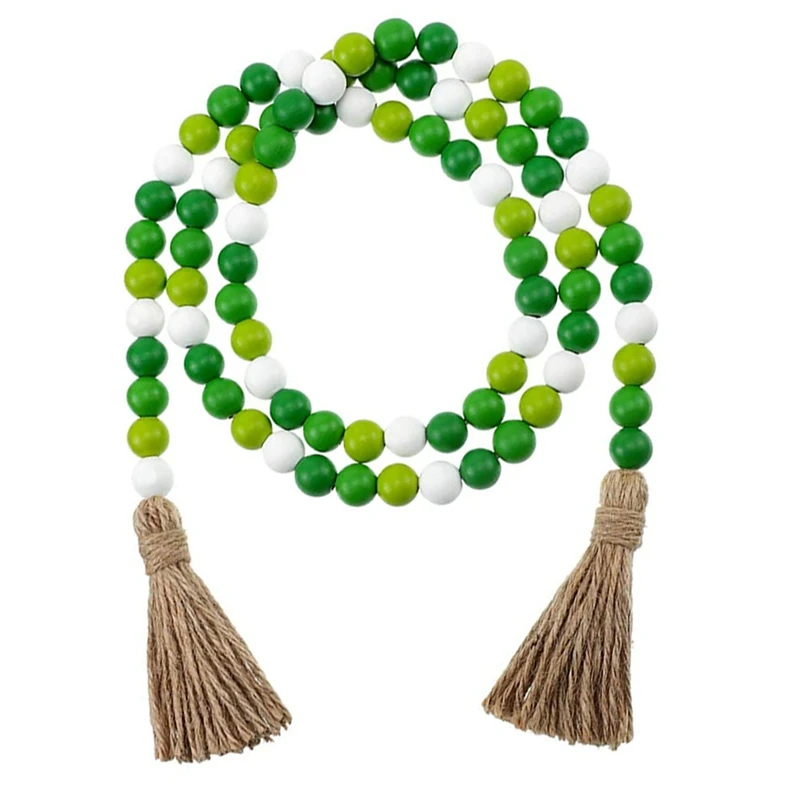 St. Patrick's Day Wood Bead Garland With Tassels, Farmhouse Rustic Natural Wood Beads For St. Patrick's Day Decoration