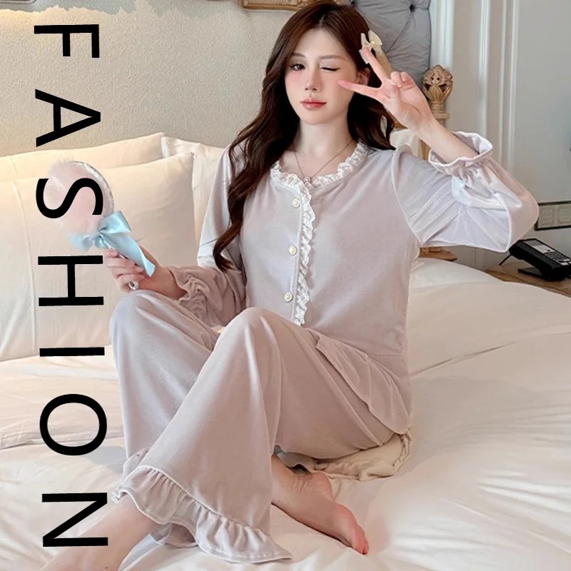 

Золотые бархатные пижамы женские осенние и зимние брюки с длинными рукавами комплект из двух предметов темперамент Интернет-стиль знаменитостей сладкий l