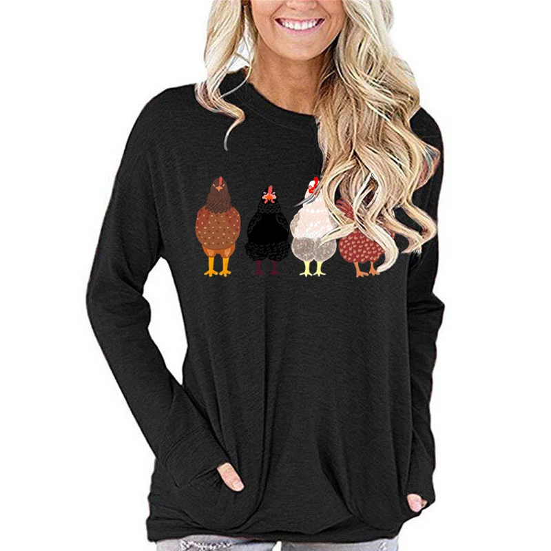 Women Chicken Fall Long Sleeve T-shirts Country Life Lovers Long-sleeved T-shirt Funny Chicken Animals Farmer Farm Classic Tops