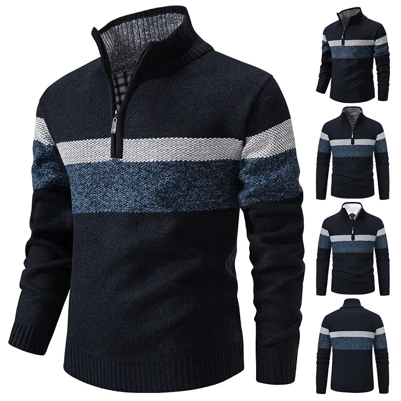 

European Style Men's Stand Collar Warm Knitted Pullover Slim Fit Zippered Fall Winter Fashionable Casual Wool Top