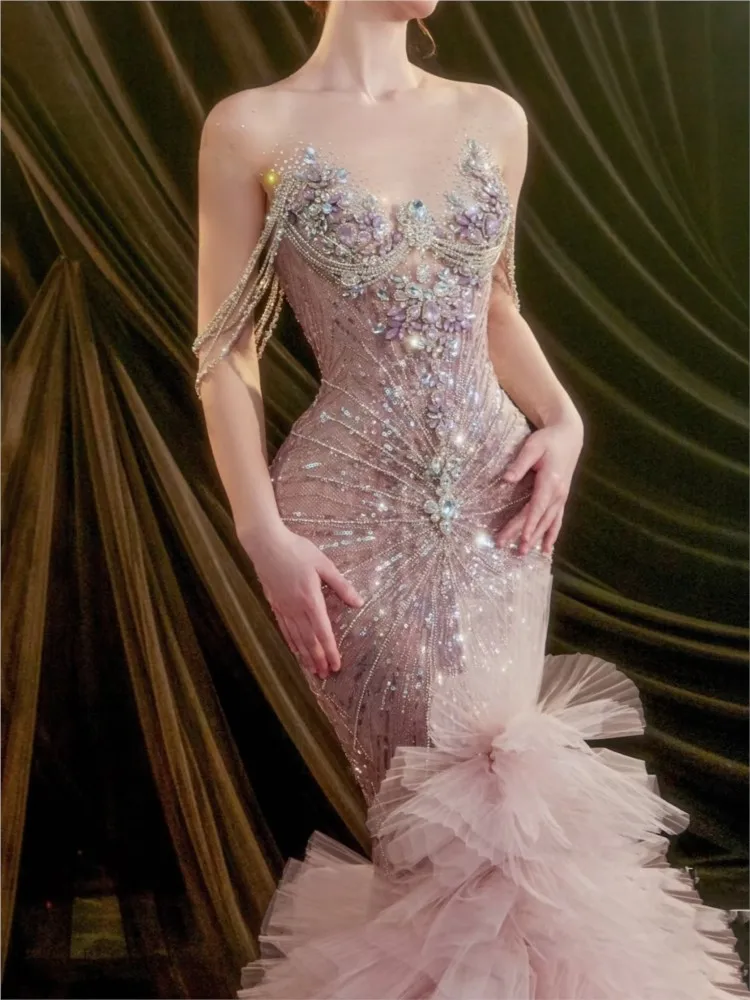 Light Pink Host Beaded Toast Sequined Catwalk Fishtail off-Shoulder Dress