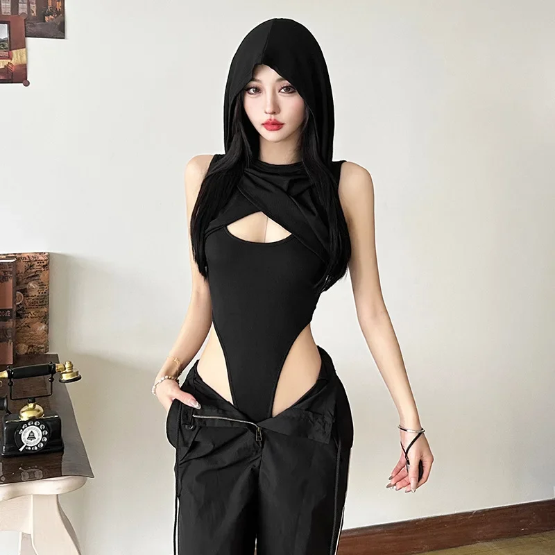 Fashion Solid Color Hooded Bodysuit One Piece Sexy Round Neck Sleeveless Lingerie Sexy Casual Slim Streetwear Festival Outfit