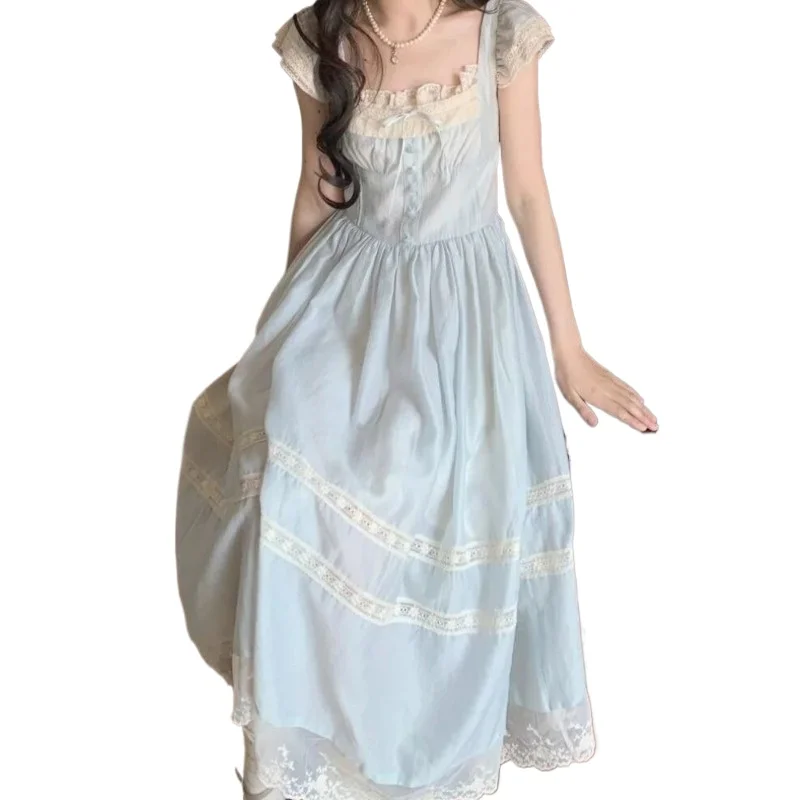 

2025 Summer French Retro Style Dress Women Sweet Lace Edge Flutter Sleeve Clothes Bow Blue Long Dresses Elegant Chic Style New