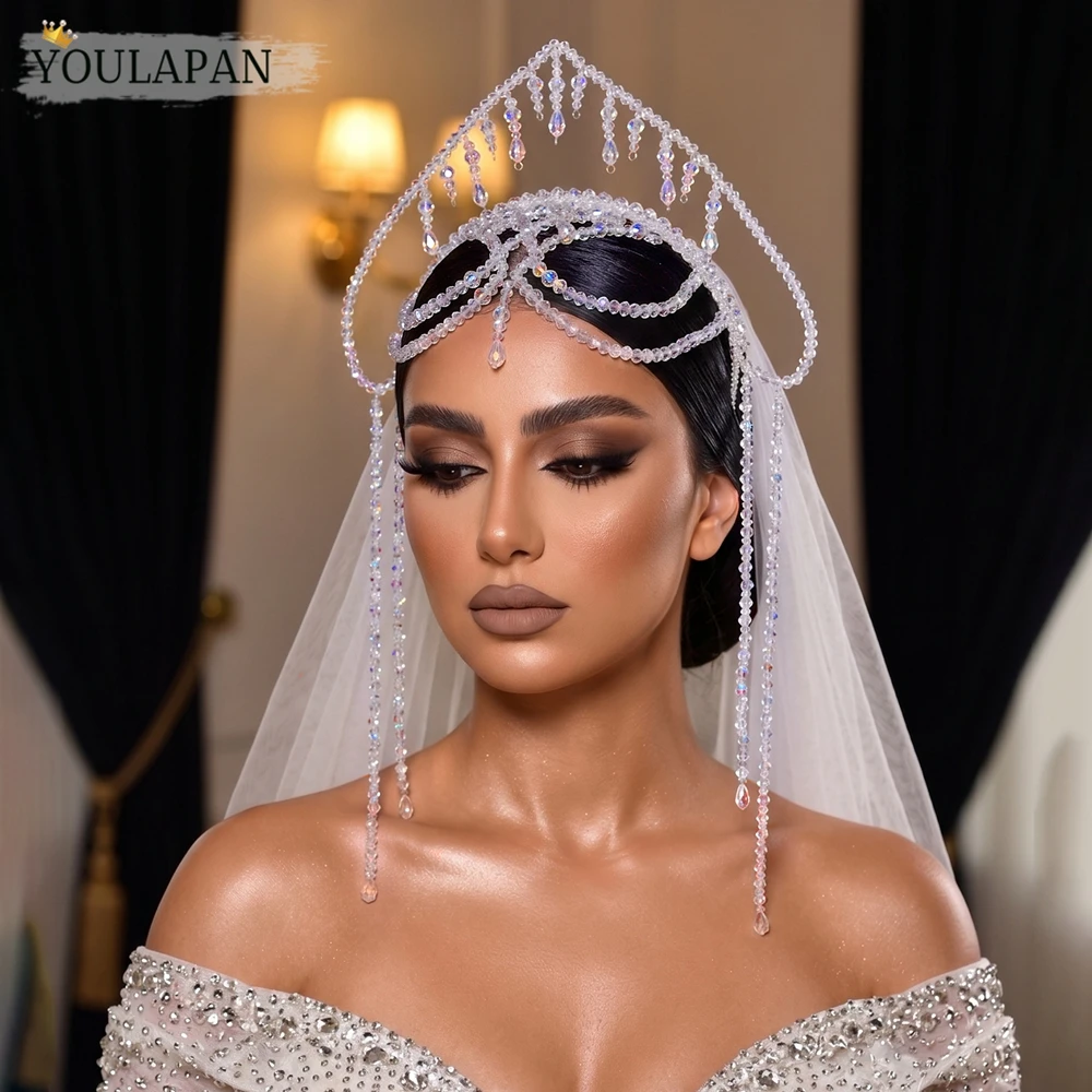YouLaPan AB Crystal Bridal Forehead Crown Headband Long Tassel Wedding Headpiece Handmade Beaded Pageant Tiara Hair Jewelry A417