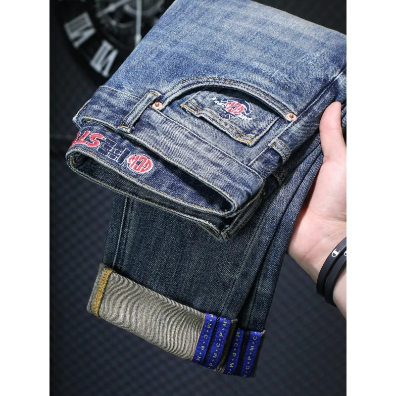 High-End All-Match Retro Washed Trendy Jeans Men's Stretch Slim-Fitting Small Straight Casual Street Handsome Trousers