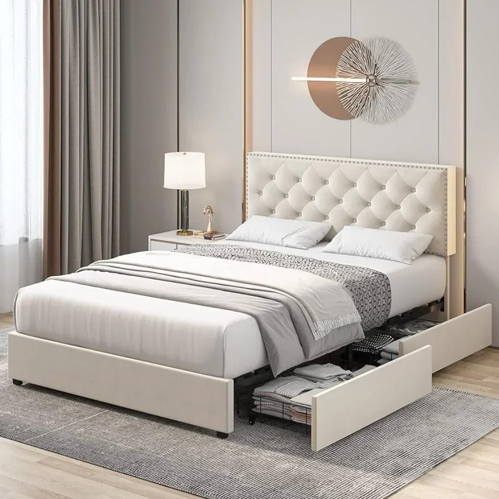 Full Size Bed Frame with 4 Storage Drawers, Modern Upholstered Platform Bed with Adjustable Headboard,Button Tufted Bed Frame