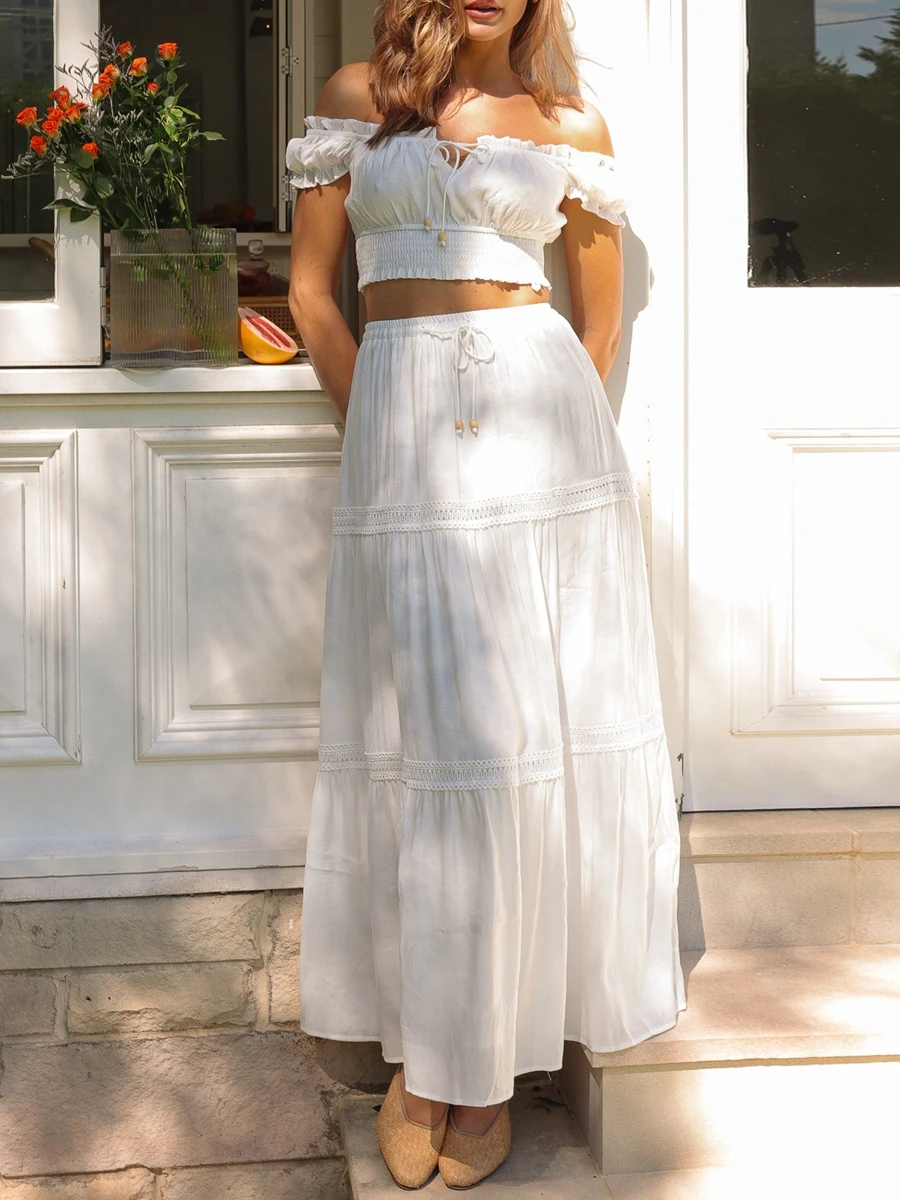 Dames Y 2K Tweedelige Maxi Rok Outfits Off Shoulder Gesmokte Crop Tops Lange Rok Set Zomer Bijpassende Rok Set