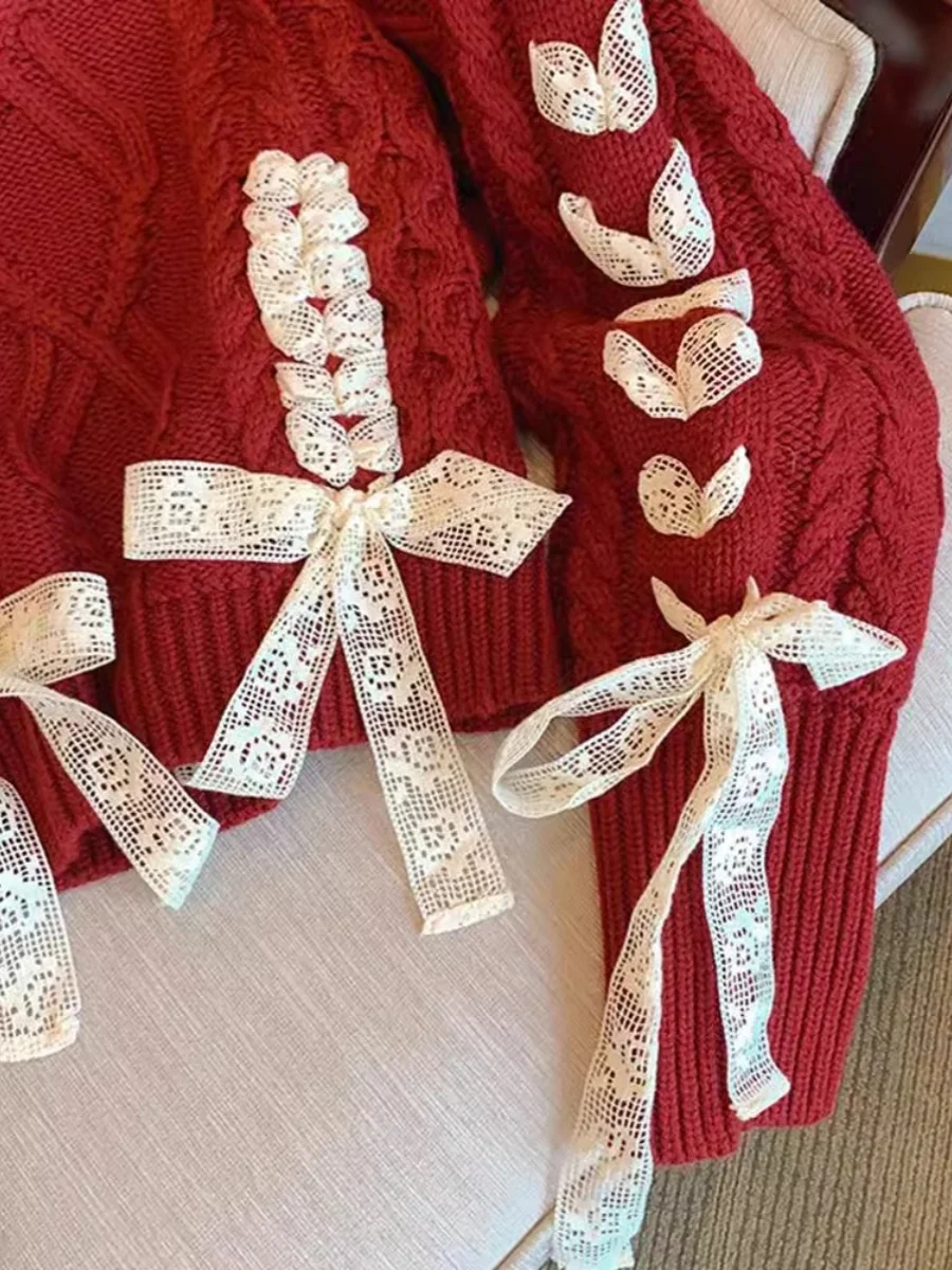 Thiened レッドレースノットツイストニットウェア女性用冬シーズン通勤スレ韓国ルーズフィットラウンドネロングスベ