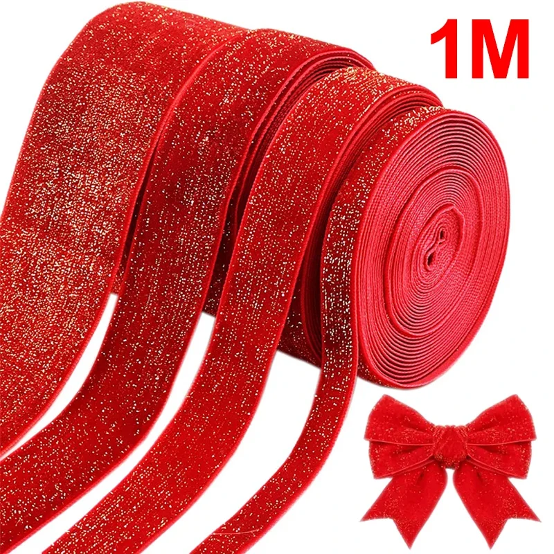 1M/Roll Christmas Glitter Red Velvet Ribbon New Year Decoration DIY Shimmer Velvet Ribbon for Gift Wrapping Garland Clothing Bow