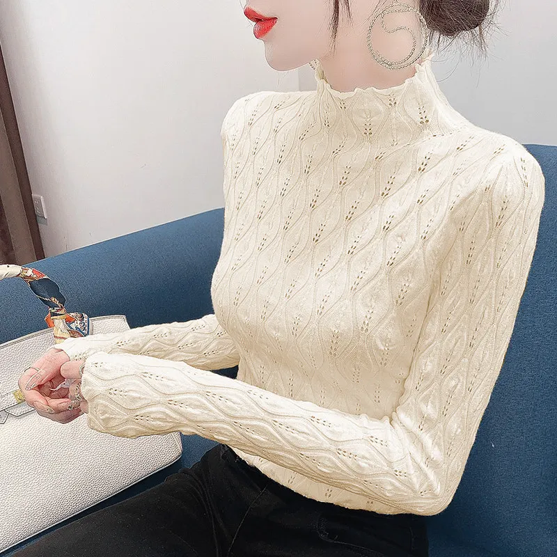 Suéter Elástico Ajustado de Manga Larga para Mujer, Moda Otoñal, Camiseta de Punto, Tops de Punto, Camiseta de Punto para Usar Debajo de la Ropa