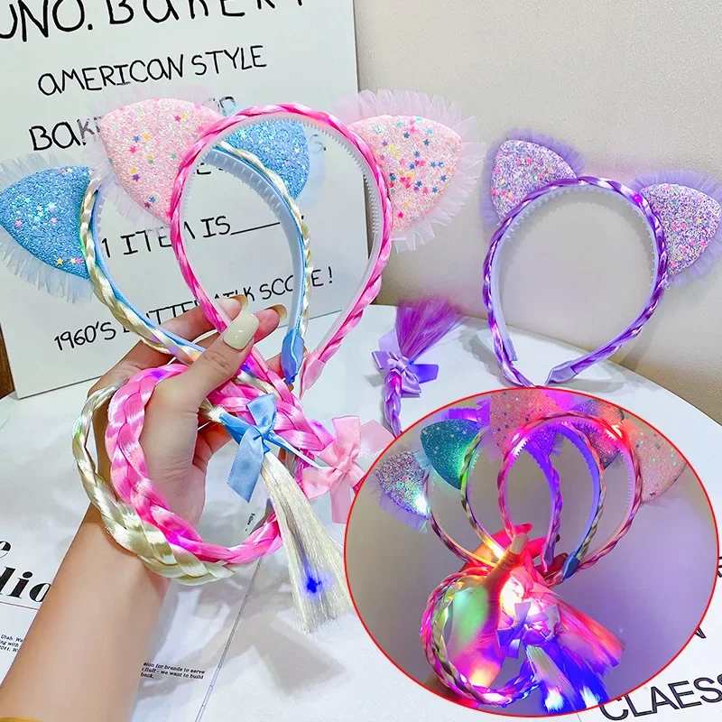 1pcs Glow Light Up Party Sequin Lace Long Ponytail Braid Cat Ears Headband   Hairband for Women Girls Wedding Festival