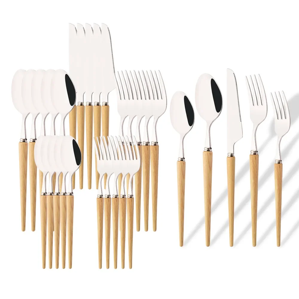 30-teiliges Gelb-Silber-Geschirr-Set aus Edelstahl, Steakmesser, Dessert, Gabel, Löffel, Besteck, spülmaschinenfest, Küchengeschirr-Set