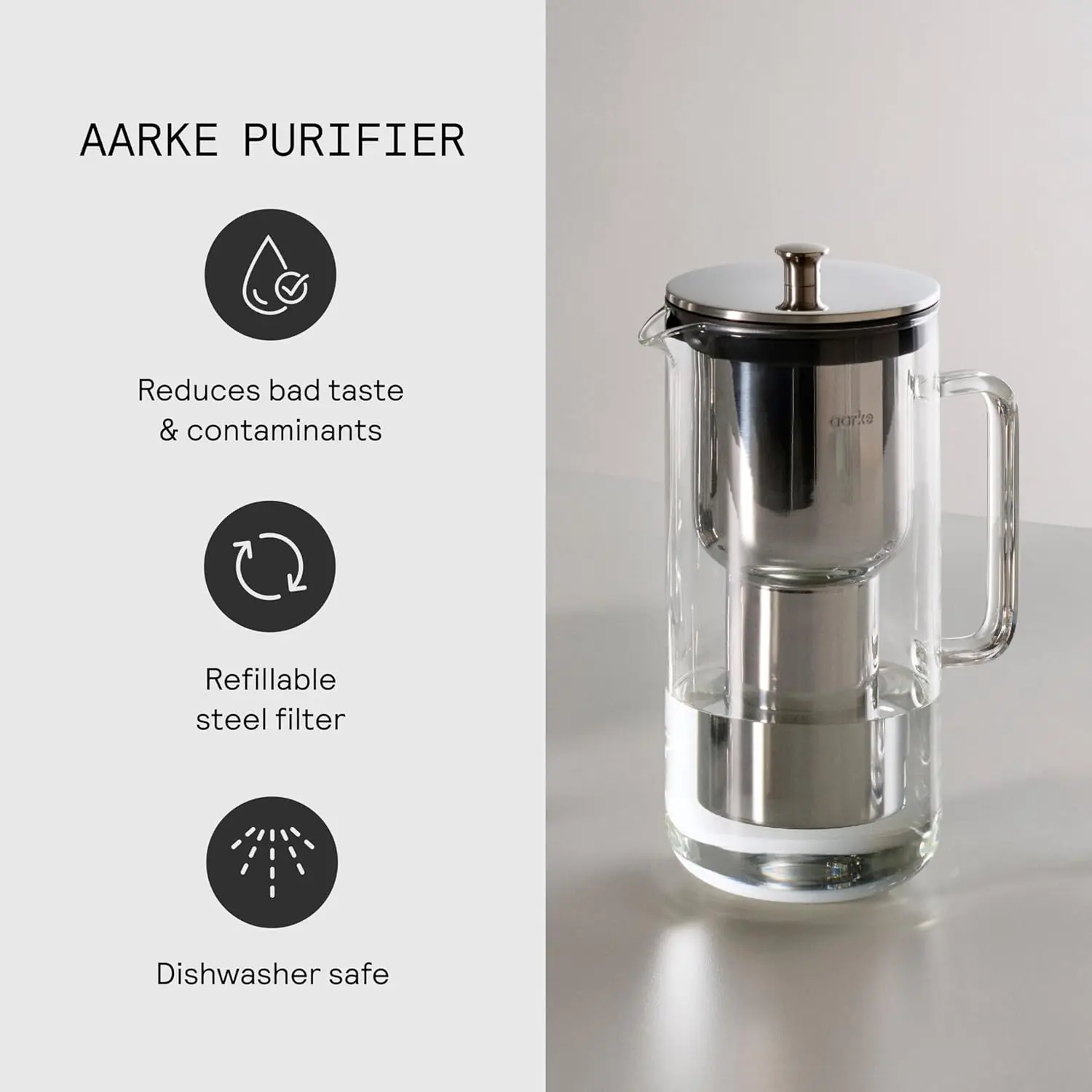 

Фильтр-кувшин Purifier - Премиум-класс, из стекла и нержавеющей стали, с многоразовой системой фильтрации и гранулами, объем 2,4 л, 1,18 л (в комплекте)