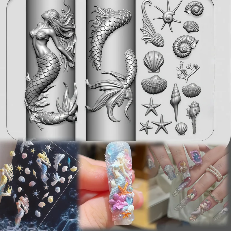 3D Silicone Nail Art Mold Mermaid Summer Ocean Shell Pond Goldfish Design for DIY Nail Decorations
