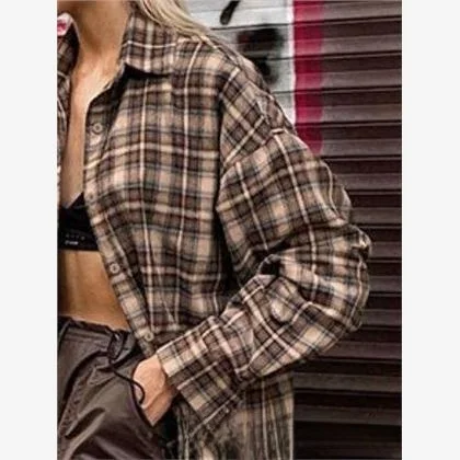 Feminino longo solto xadrez irt americano retro design camada base irt tecido de poliéster gola virada para baixo sve dr