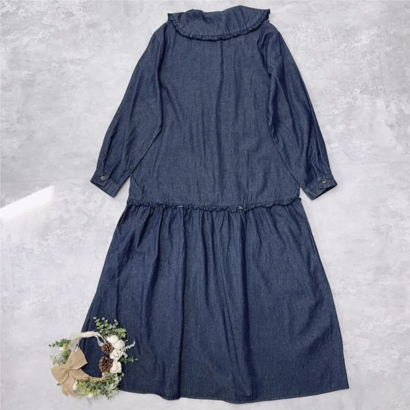 Johnature novo vestido jeans casual com babados outono novo estilo francês manga longa camada base coreano mori vestidos de menina