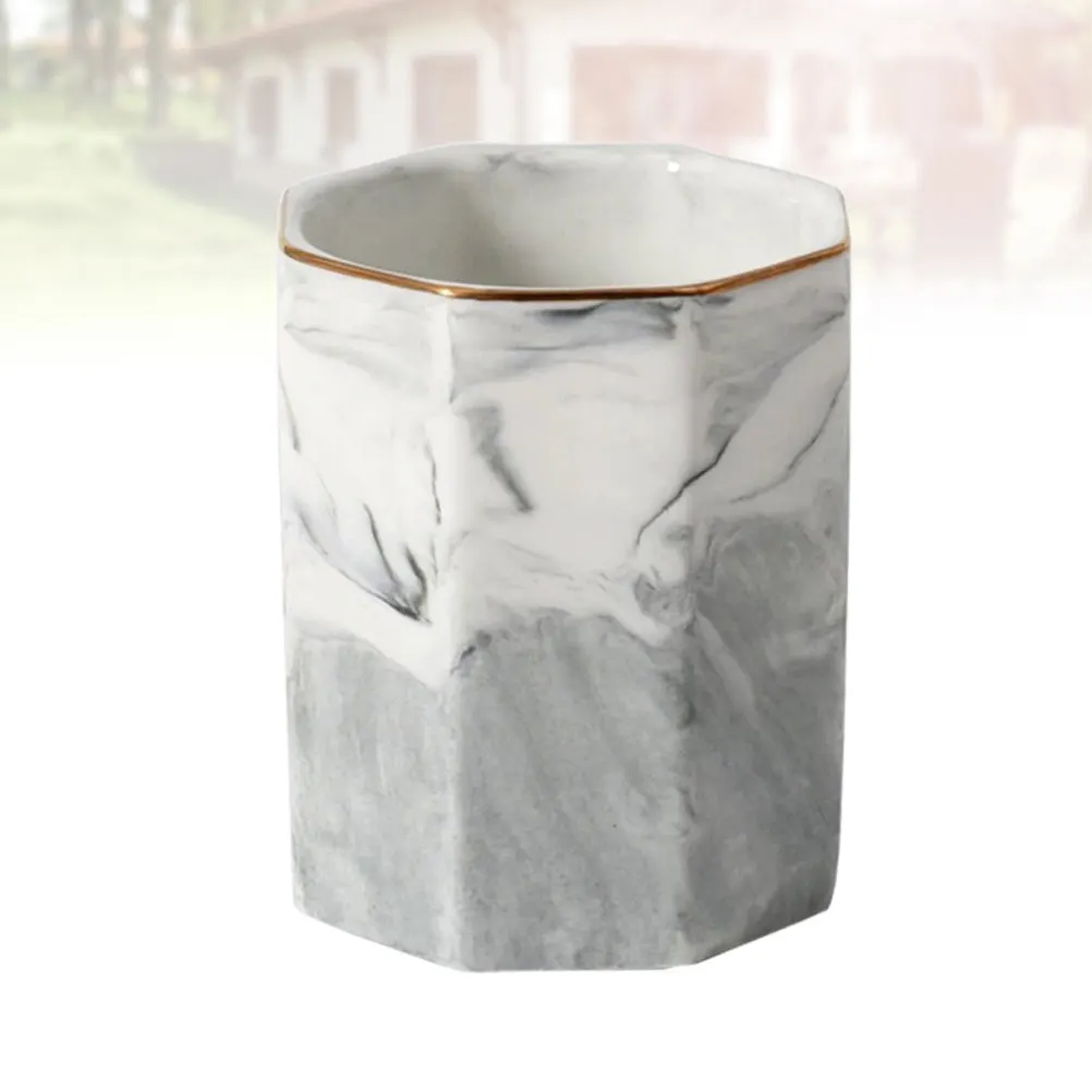 1Pic Marble Pattern Ceramic Pen Holder Pink Gold Rimmed Storage Cup for Makeup Brushes Organizing Daily Essentials