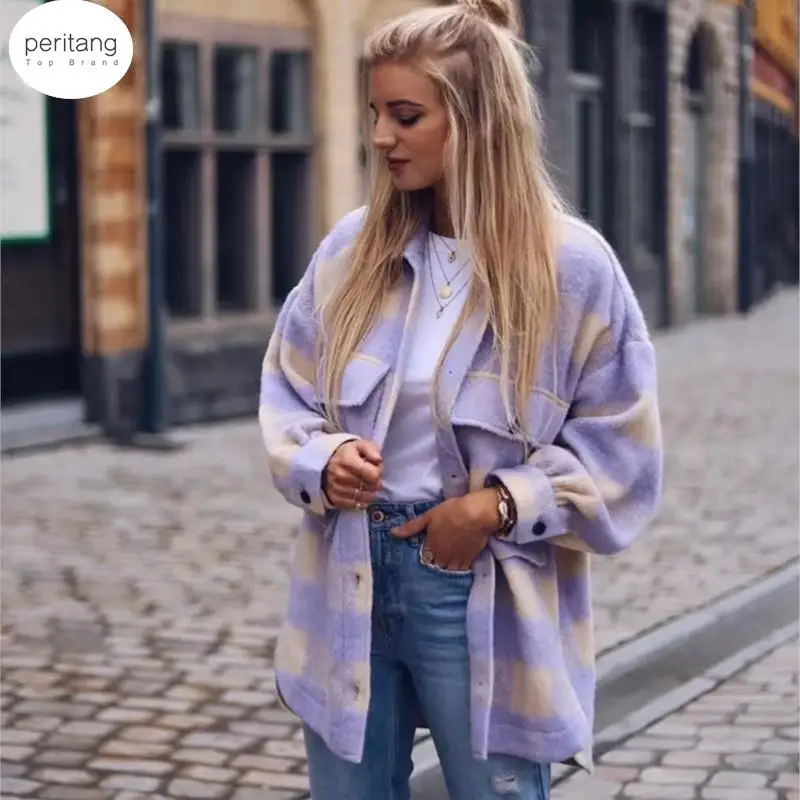 

Stylish Sweet Plaid Woolen Shirt Jackets Women Fashion Pockets Turn-down Collar Check Jacket Cute Girls Chic Coat Streetwear