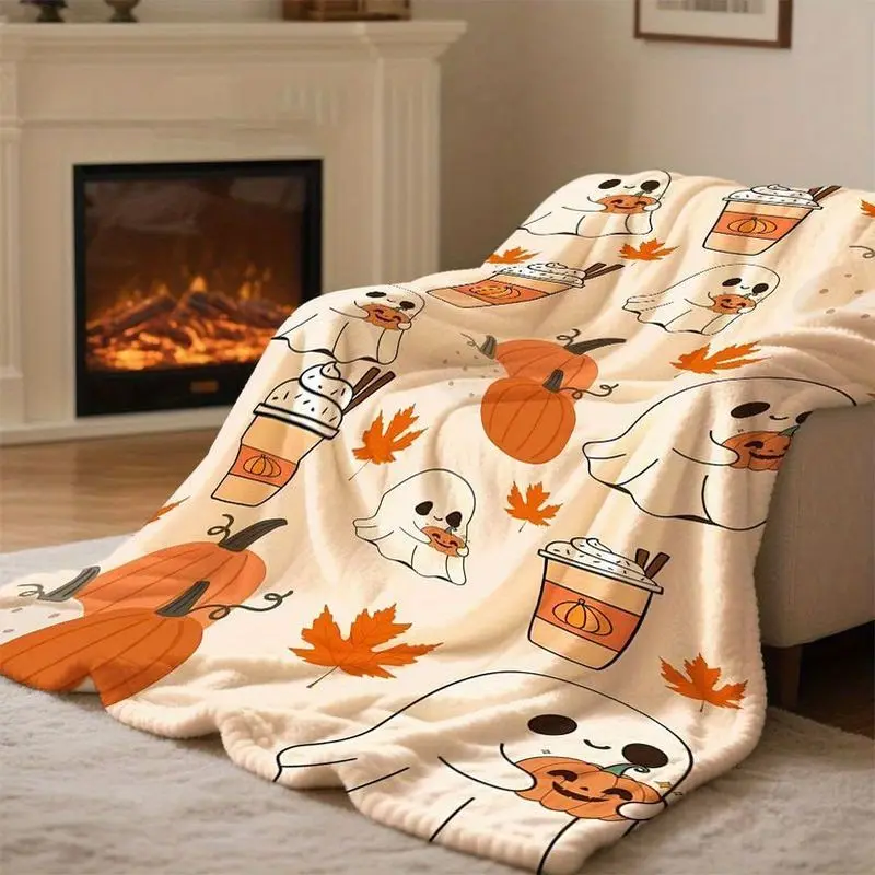 VIKAMA Cute Fall Flannel Throw Blanket Ghost Pumpkin Maple Leaf Print Warm Sofa Bedroom Halloween Home Decor Gift