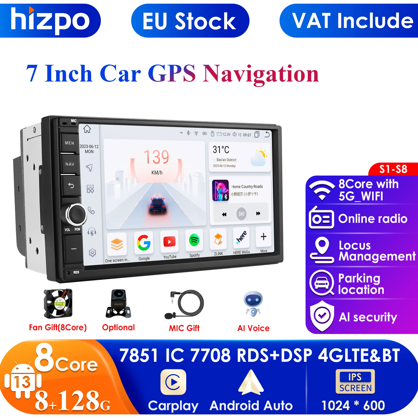 8G+128G 7Inch Autoradio Carplay 2 Din Android Auto Car Radio GPS for Universal Stereo Multimedia Player Navigation Head Unit RDS