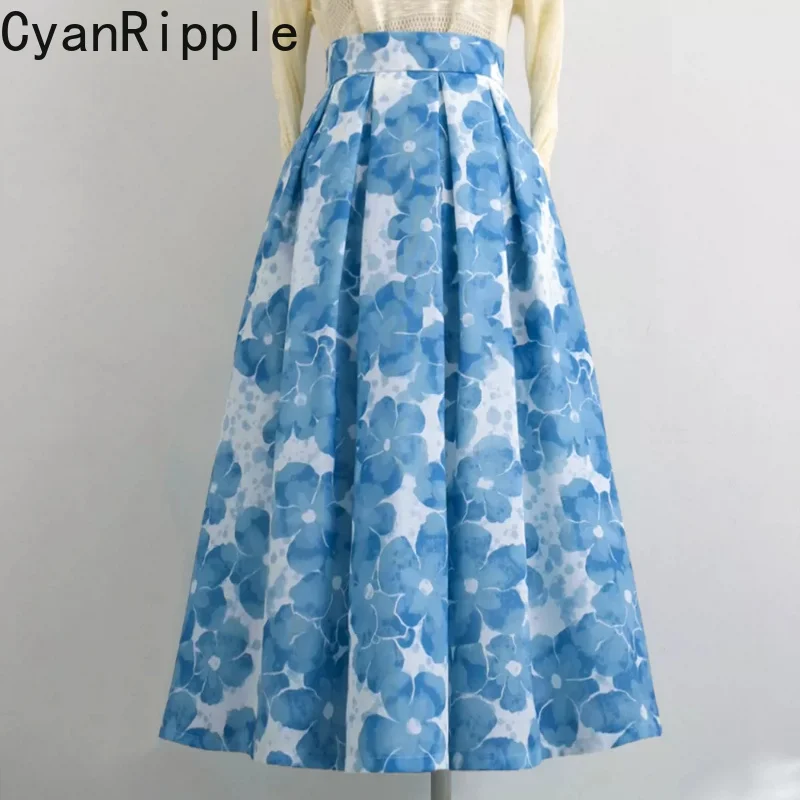 New Spring Summer High Waist Blue Flowers Printed Women A-line Skirt All-match Mid-length Umbrella Skirt Elegant Fairy Skirts
