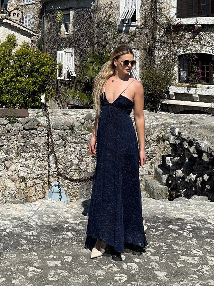 

New Summer Lady Holiday Robe Deep V Polka Dot Printing Sling Long Dress Women Elegant Sleeveless Mesh High Waist Loose Vestido