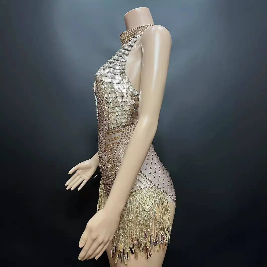 Charming sequin, beaded, zipped, backless bar party dress, sexy fringe jumpsuit for women