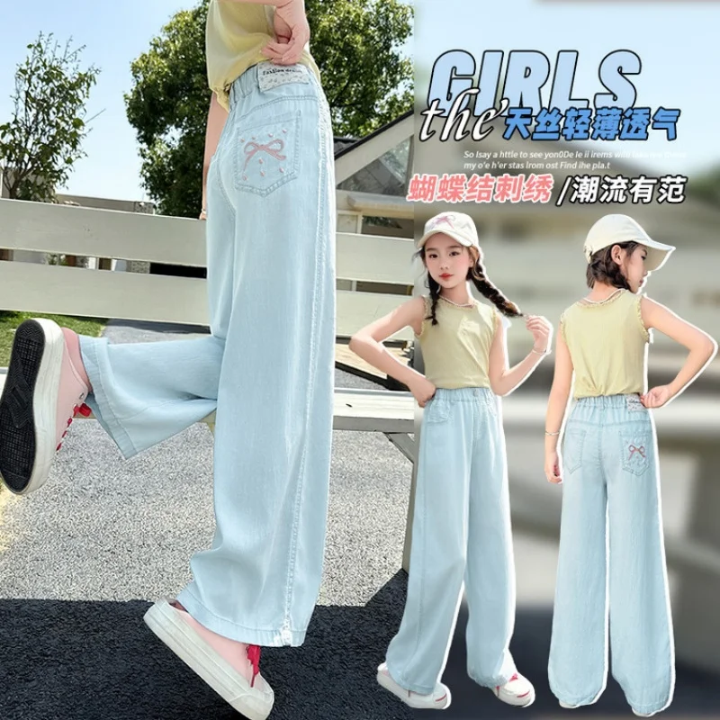 

Girls' Bow Embroidered Denim Pants, Tencel Casual Straight-Leg Pants, Teen Summer Long Pants, Suitable for Daily Wear