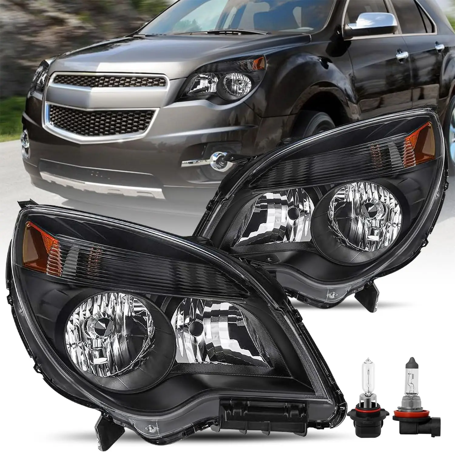 

Фара в сборе [Halogen Type] Совместима с Chevy Equinox со стороны пассажира и водителя 2010-2015, черный корпус с янтарным Refl