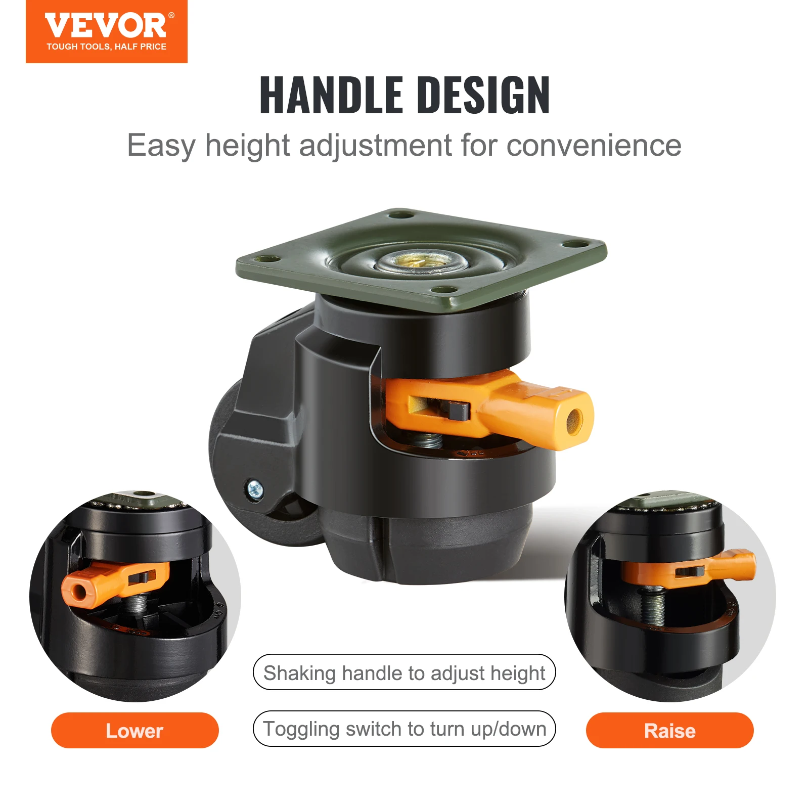 VEVOR Leveling Casters, Set of 4, 1100 lbs, 2 inches, Heavy Duty with Upgraded Handle Design, 360 Degree Swivel Caster Wheels