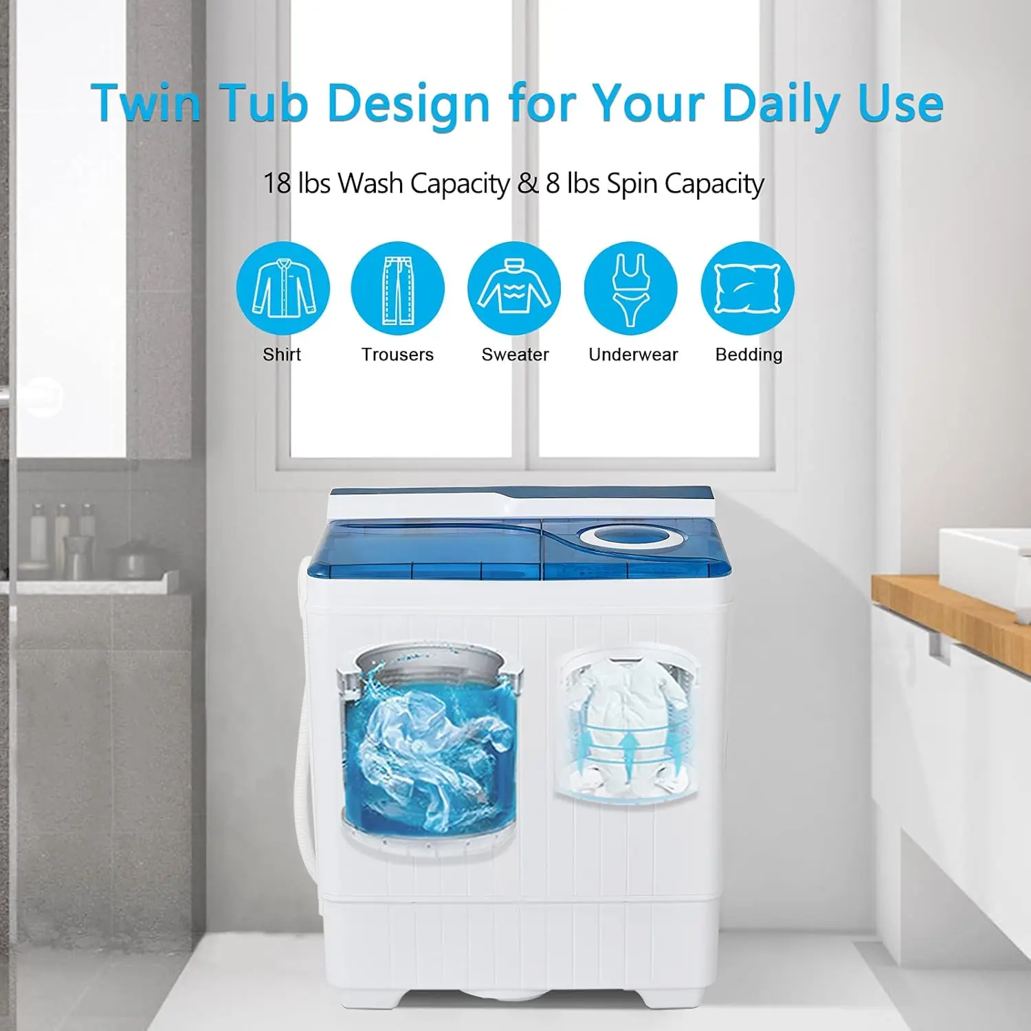 Portable Washing Machine Twin Tub 26 Lbs Capacity, 18 Lbs 8 Lbs Spinner, Compact Control Knobs Timer Function, Drain Pump