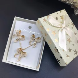 New jewelry set Elegant romantic enamel colored bow necklace earrings gift box packaging for stylish women Mother's Day gift