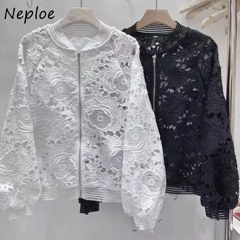 Neploe Heavy Lace Hollow Out Embroidery Blouses 2024 New Stand Collar Baseball Jackets Y2k Long Sleeve Zipper Coat Women