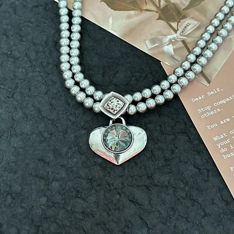 Double-layer fashionable silver bead love zirconium pendant collarbone chain niche design sweet and cool light luxury collarbone