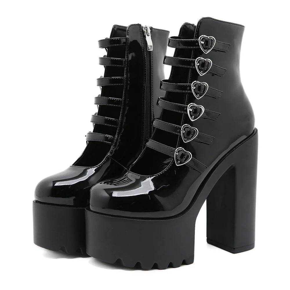 Heels Women Sweet Patent Leather Thick Heel Waterproof Table High Heels Women's Love Buckle Side Zipper Heightening Shoes Women