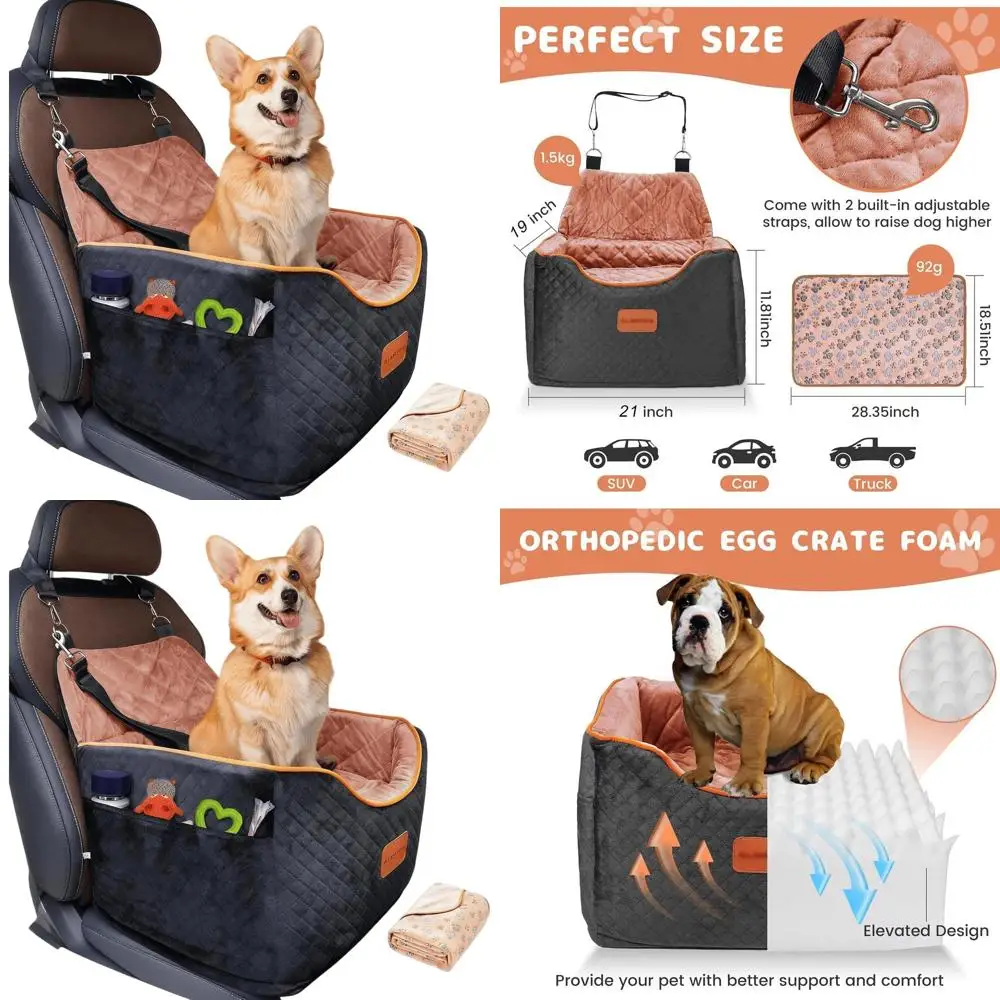 

Elevated Memory Foam Dog Car Seat with Removable Washable Cover, Anti-Slip Booster for Small Dogs up to 35lbs, Includes Seat Bel